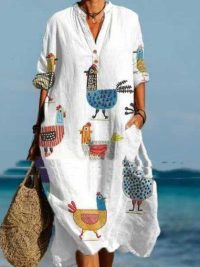 Floral V-neck Mid-length Sleeve Dress