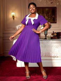 Plus Size Elegant Pleated Bow Square Collar Slimming Dress