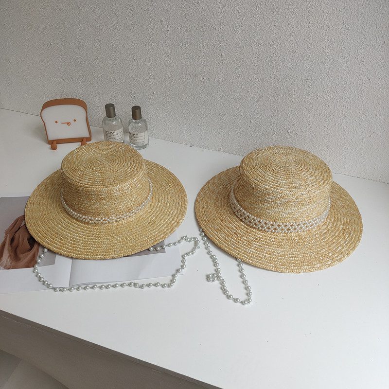 Women's Detachable Pearl Chain Flat Top Straw Hat