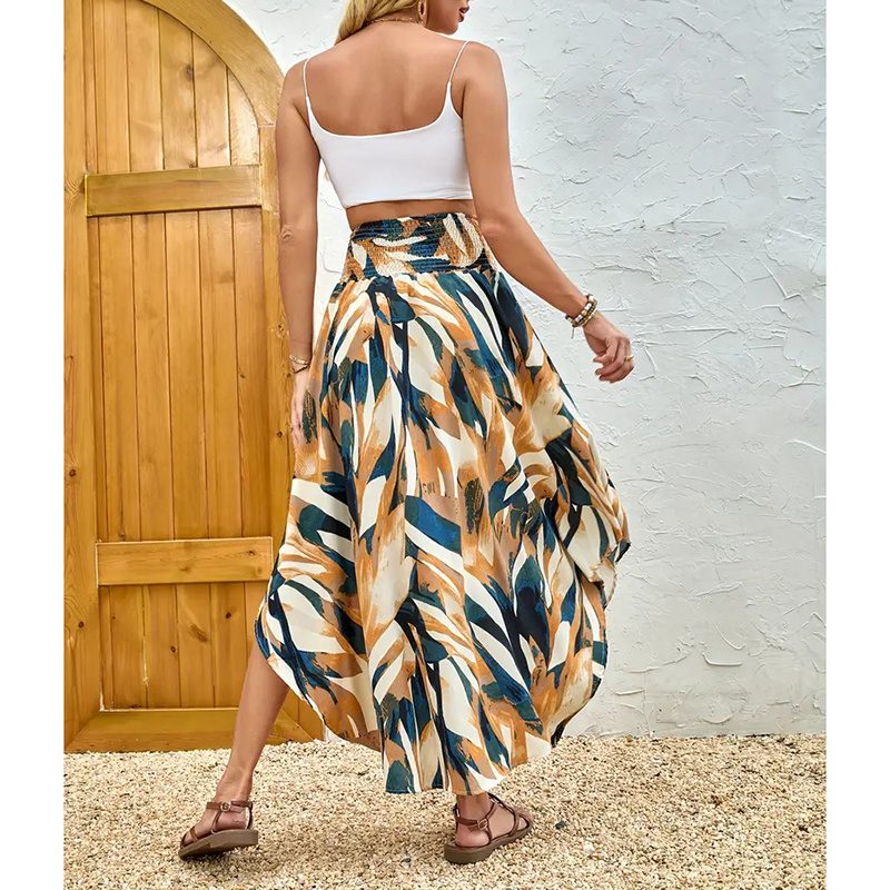 Women's High Elastic Waist Midi Skirt Casual Summer Trendy Tie Front Flowy Floral Print Beach Long Skirt