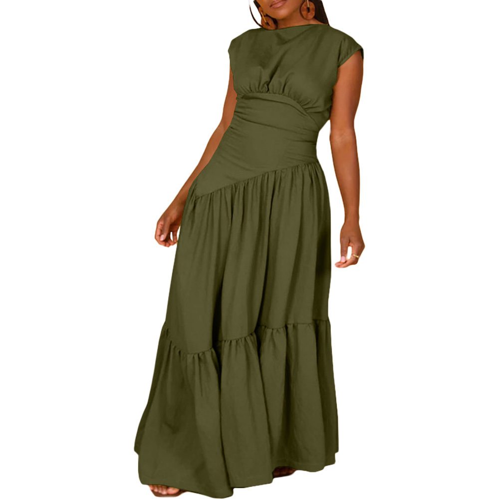Solid Color Sleeveless Pleated Loose Big Hem Nylon Dress