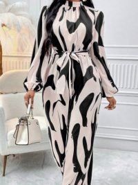 Women's Printed Cold-Shoulder Lantern Sleeve Jumpsuit