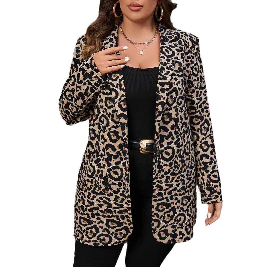Leopard-Print Slim-Fit Fashion Plus Size Coat for Women – Stylish & Chic