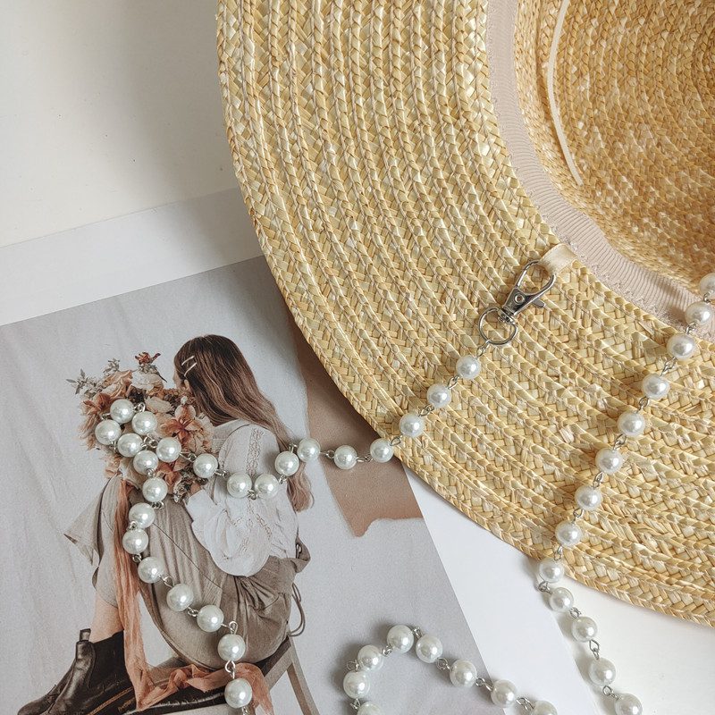 Women's Detachable Pearl Chain Flat Top Straw Hat