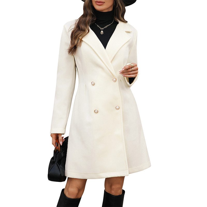 Women's Solid Wool Coat with Pearl Fasteners