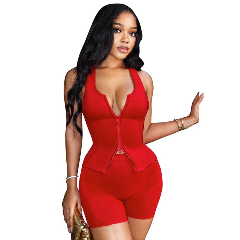 Women's Sexy Exercise Sleeveless Zipper Vest Top Tight Shorts Two-piece Suit