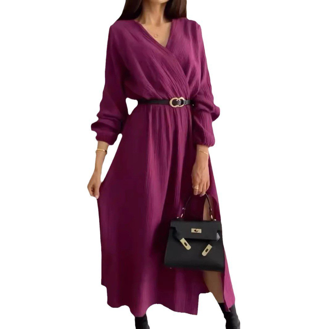 Fashion Long Sleeve Solid Color Waist Tight Dress