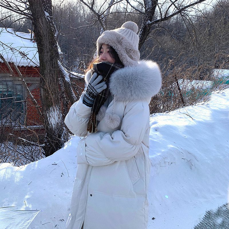 White Duck Down Jacket Women's Mid-length Big Fur Collar Loose Thick