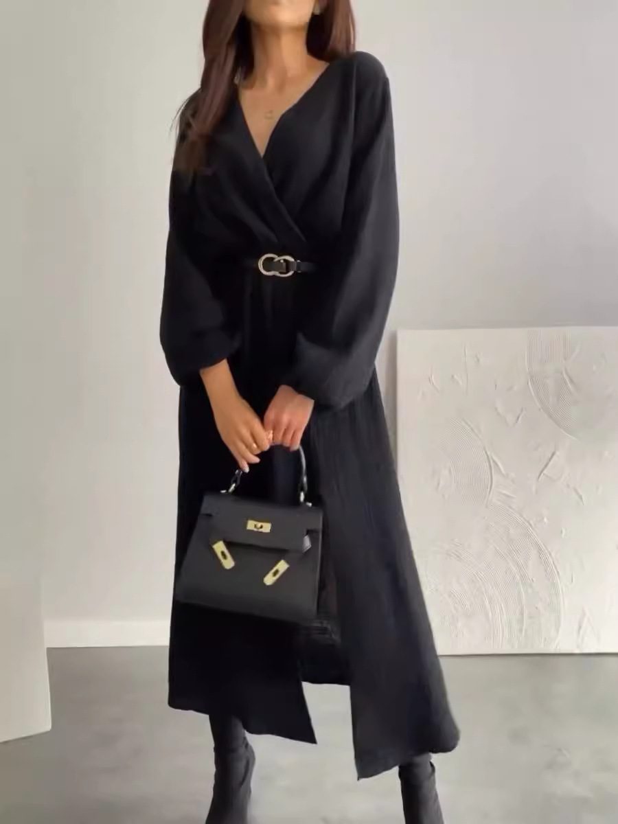 Fashion Long Sleeve Solid Color Waist Tight Dress