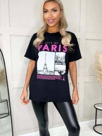 Ladies Oversized Paris Slogan Short Sleeves T Shirt Top