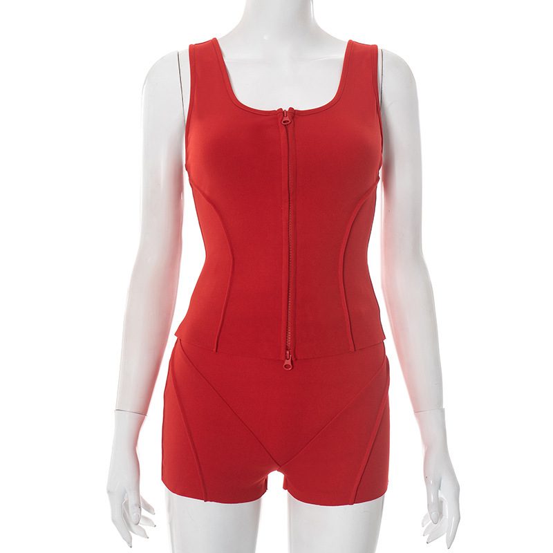 Women's Sexy Exercise Sleeveless Zipper Vest Top Tight Shorts Two-piece Suit