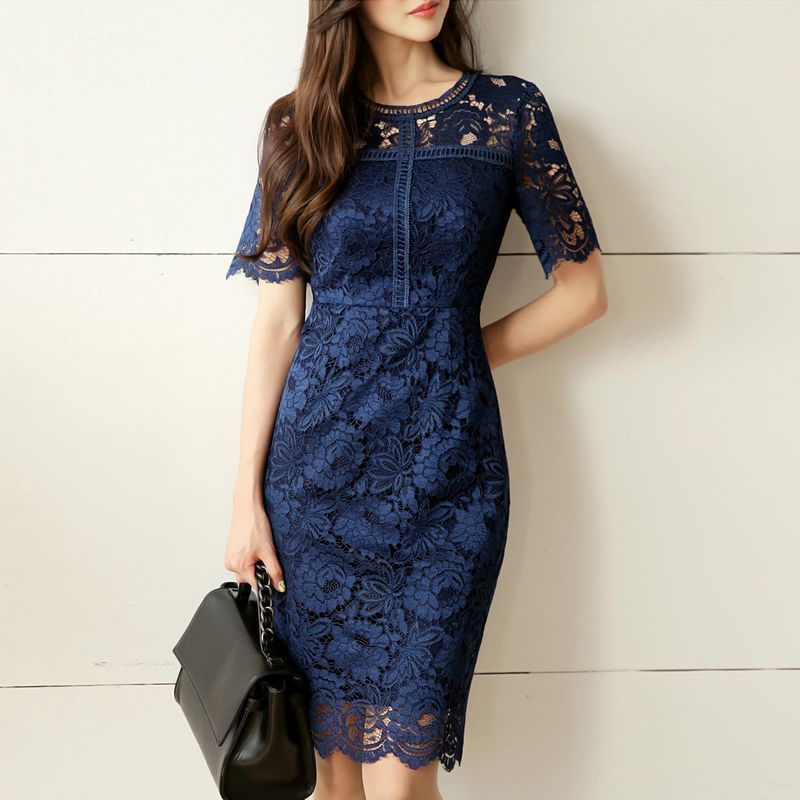 Waist Slimming Temperament Lady Mid-length Lace Dress