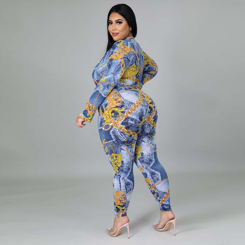 Plus Size Women's Autumn New Fashion V-neck Printed Shirt Trousers Suit