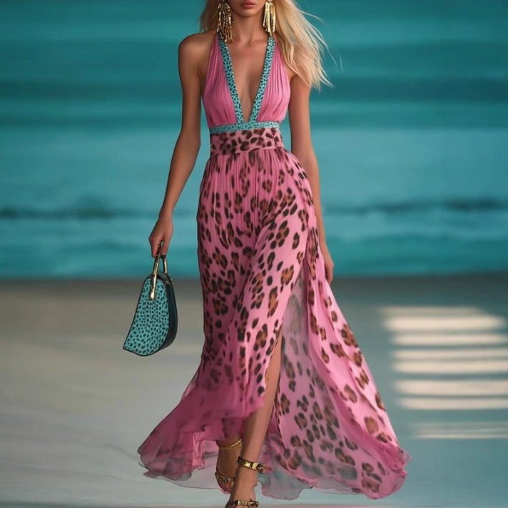 Leopard Print V-neck Waist-controlled Slimming Temperament Camisole Dress