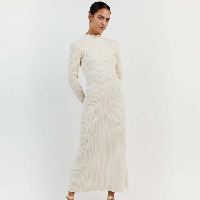 Long Sleeve Knitted Wooden Ear Turtleneck Waist-controlled Slim Fit Slimming Dress