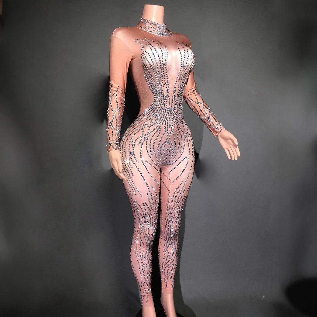 Women’s Sexy Rhinestone Striped Tight Jumpsuit – Trendy Party Wear