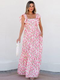 Women's Casual All-match Floral High Waist Square Collar Dress