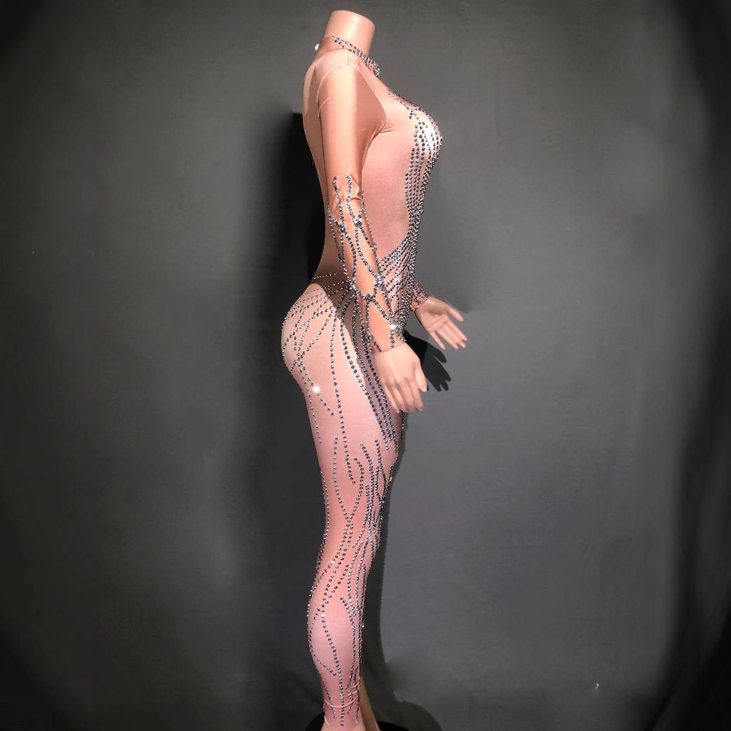 Women’s Sexy Rhinestone Striped Tight Jumpsuit – Trendy Party Wear