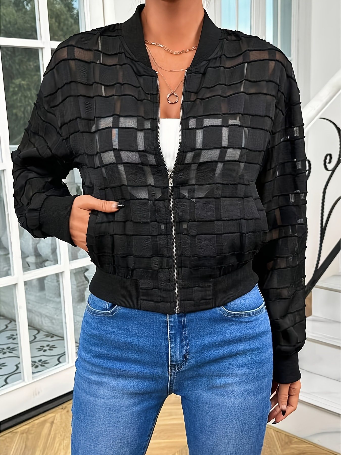 Women's Semi-transparent Thread Zipper Casual Jacket