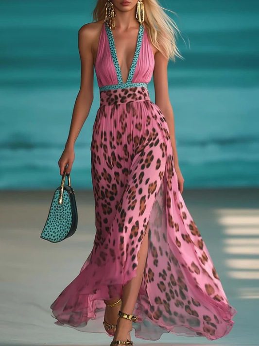 Leopard Print V-neck Waist-controlled Slimming Temperament Camisole Dress