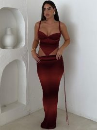 Cool Contrast Color Camisole Sexy Slim Fit Tied Skirt Suit Women