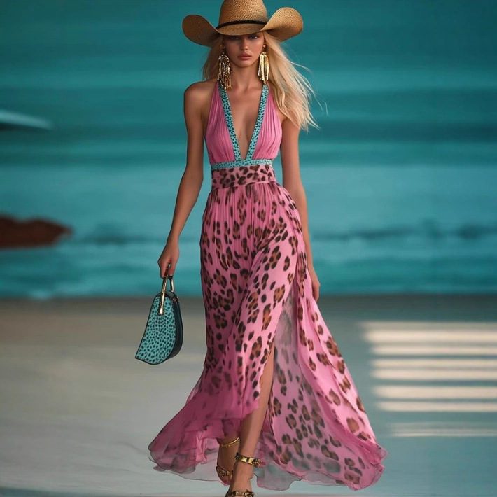 Leopard Print V-neck Waist-controlled Slimming Temperament Camisole Dress