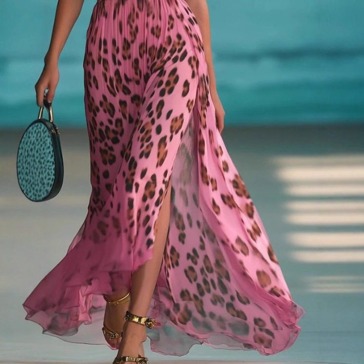 Leopard Print V-neck Waist-controlled Slimming Temperament Camisole Dress