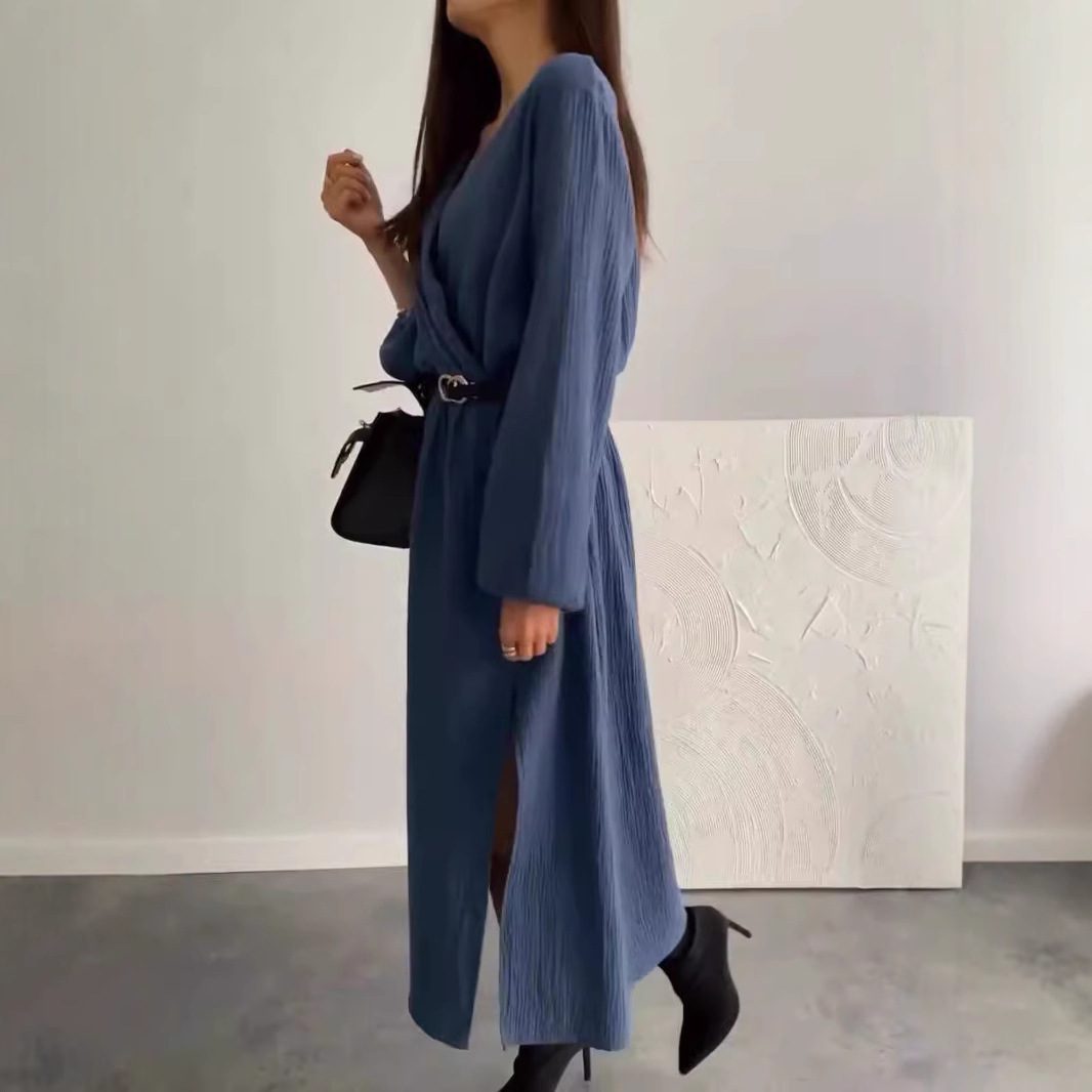 Fashion Long Sleeve Solid Color Waist Tight Dress