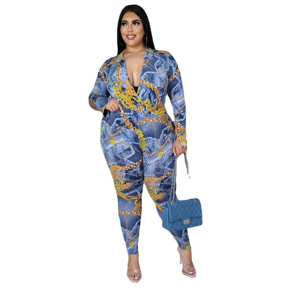 Plus Size Women's Autumn New Fashion V-neck Printed Shirt Trousers Suit
