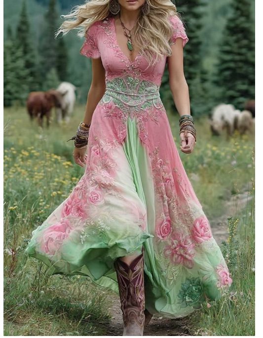 Women's Loose All-match Creative Pattern Totem Deep V Short Sleeve Dress