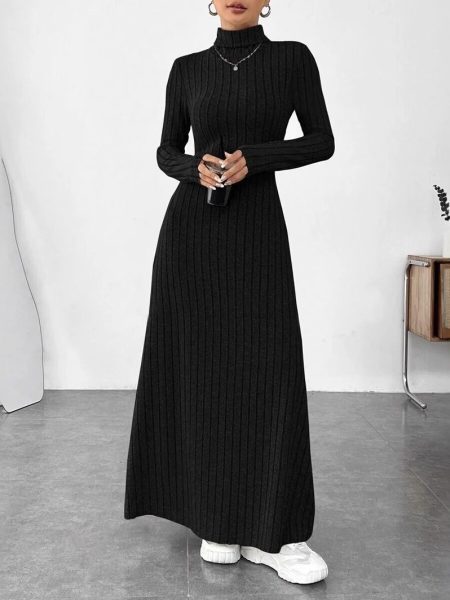 Women's Slim Fit Turtleneck Rib Fabric Brushed Long Sleeve Dress