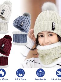 1Set Winter Beanie Hat Scarf Set Women Warm Knitting Skull Cap Neck Warmer For Walking Running Hiking Camping Outdoors Gift