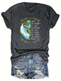 Women's Earth & Peace Slogan T-Shirt - 'Love Power & Green Earth' Print Casual Tee, Eco-Friendly Short Sleeve Crew Neck Top