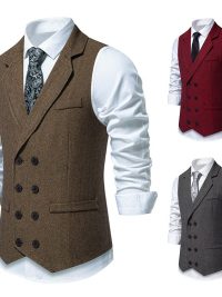 Men's Herringbone Tweed Suit Vest Retro Lapels Double Breasted Vest