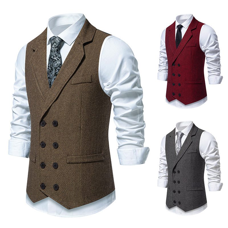 Buy Women's Clothing Online | Buy Trending Dresses for Women Men's Herringbone Tweed Suit Vest Retro Lapels Double Breasted Vest