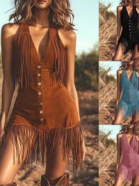 Deep V Hanging Cut Fringe Tape Slim Fit Dress
