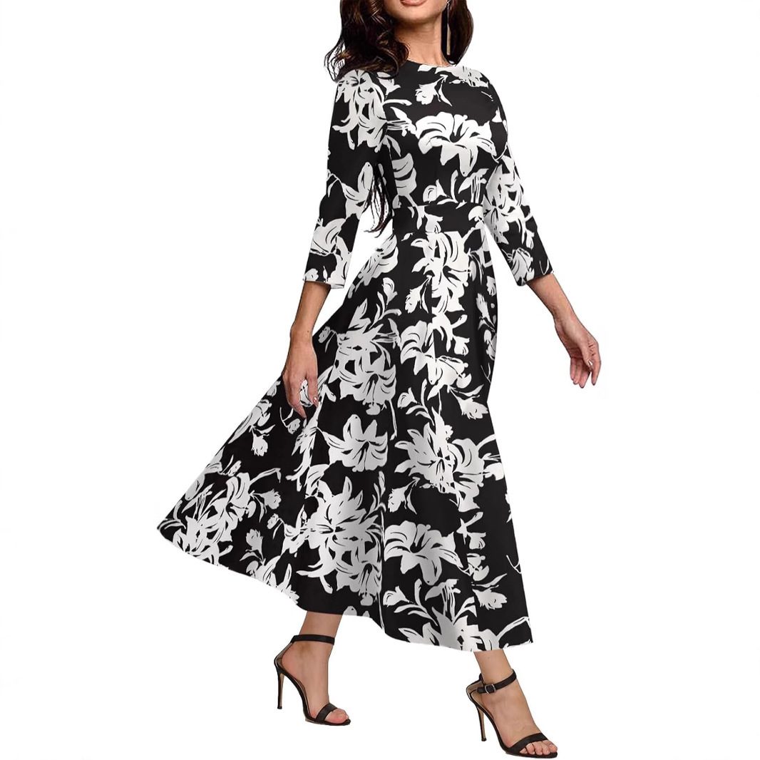 Slim Fit Waist Retro Printed Dress Women With Pockets