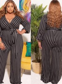 Women's Placement Print Striped Plus Size V-Neck Jumpsuit