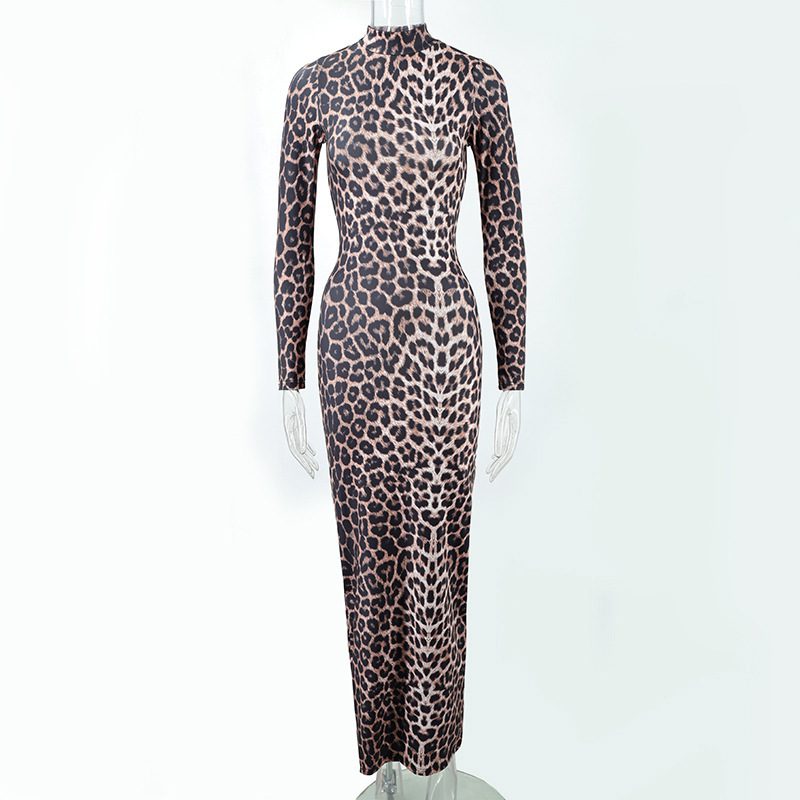 Fashion Leopard Print Stand Collar Long Sleeve Long Dress