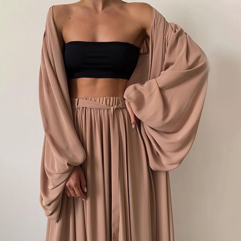 Women's Solid 3-Piece Set Lantern Sleeve Long Cardigan & Short Tube Top & Wide Leg Trousers With Drawstring Spring Summer Fashion Flowy Outfit