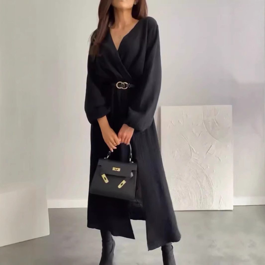 Fashion Long Sleeve Solid Color Waist Tight Dress