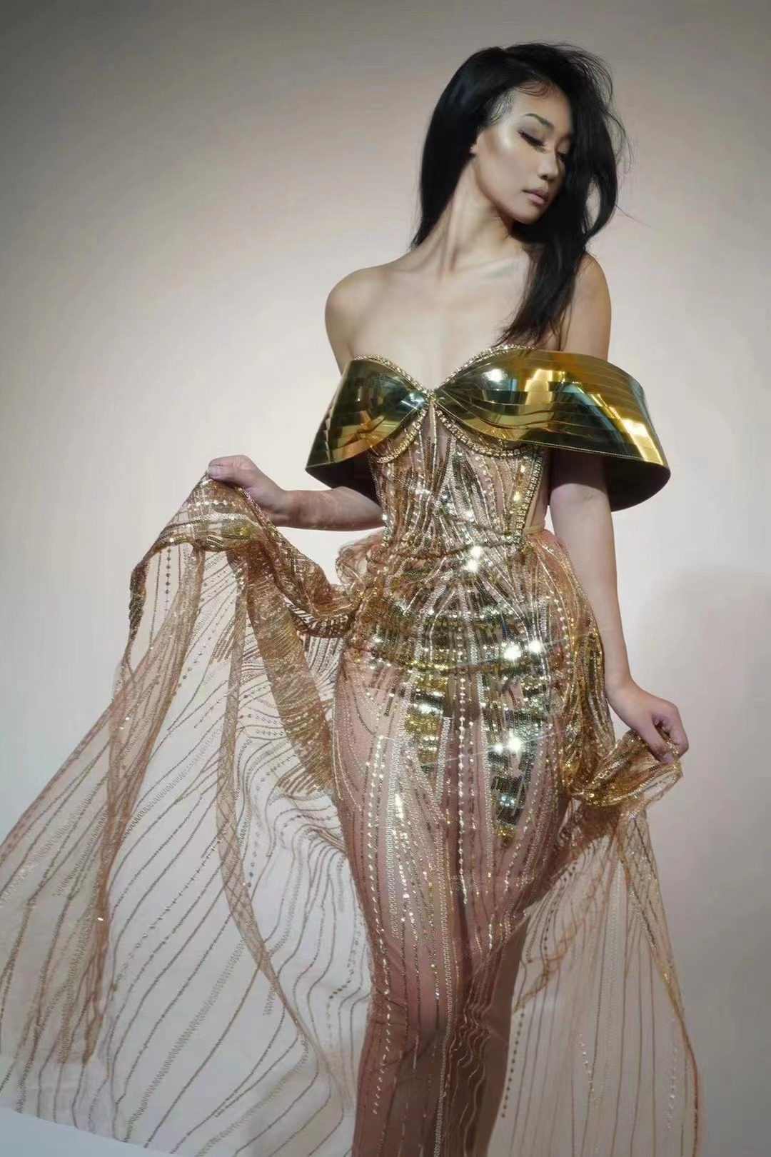 Gold Strapless Sequined Split Dress Women Tube Top Tulle