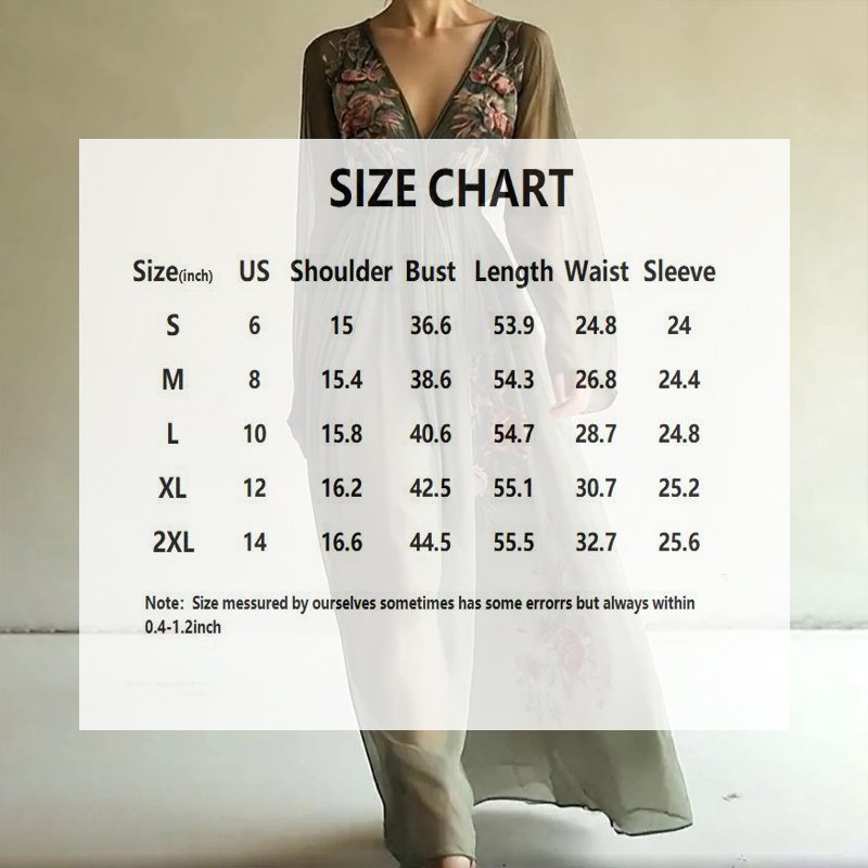 Women's Elegant V-Neck Green Floral Print A-Line Maxi Semi-Sheer Long Sleeve Spring&Summer Dress
