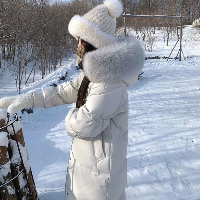 White Duck Down Jacket Women's Mid-length Big Fur Collar Loose Thick