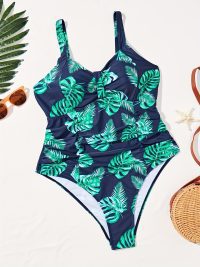 Women's Oversized One-piece Tropical Print Chest Pleated One-piece Swimsuit Holiday Style