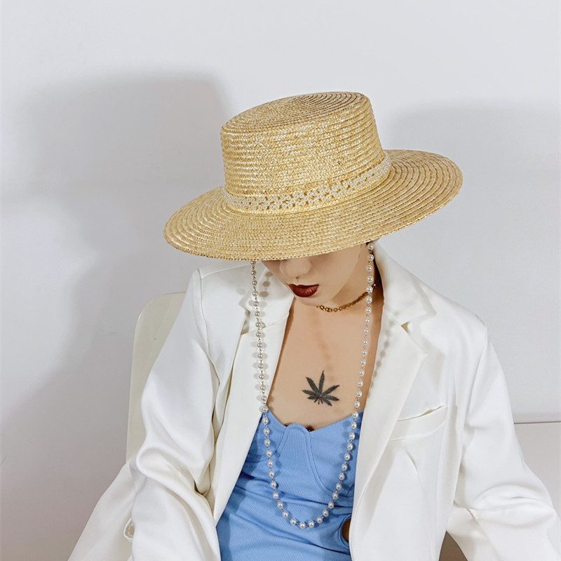 Women's Detachable Pearl Chain Flat Top Straw Hat