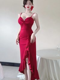Sexy Long Spaghetti-strap Ruffle Bottoming Skinny Dress