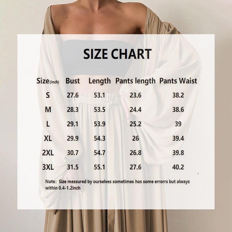 Women's Solid 3-Piece Set Lantern Sleeve Long Cardigan & Short Tube Top & Wide Leg Trousers With Drawstring Spring Summer Fashion Flowy Outfit