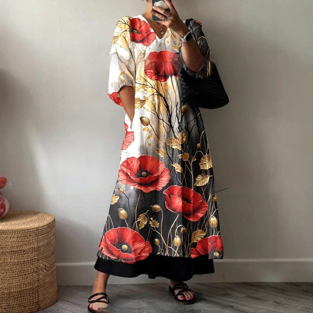 Loose V-neck Fashion High-end Long Sleeve Printed V-neck Dress