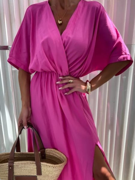 Solid Color And V-neck Chest-wrapped Dress 5-point Sleeve Vacation Style